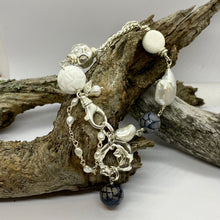 Load image into Gallery viewer, Liquid Silver Bracelet - White Barogue Pearl and Dark Agate Bead